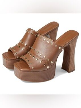 Michael Kors Nora Studded Leather Platform Mule Heels Brown Luggage Size 8